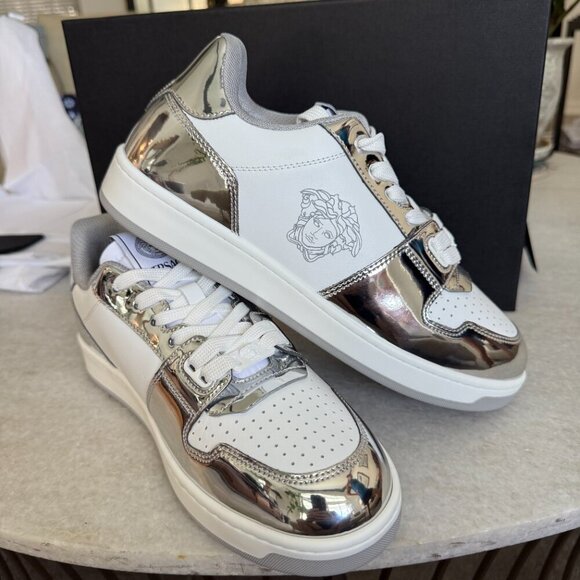 Versace Medusa White Leather Men's Sneaker Shoe, 1013377, Silver patent leather - Picture 7 of 13